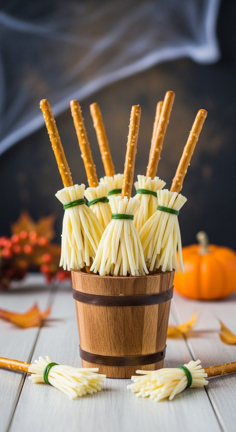 Charming Pretzel Broomsticks With String Cheese Bristles And Chive Ties, Displayed In A Rustic Bucket For A Halloween Treat.