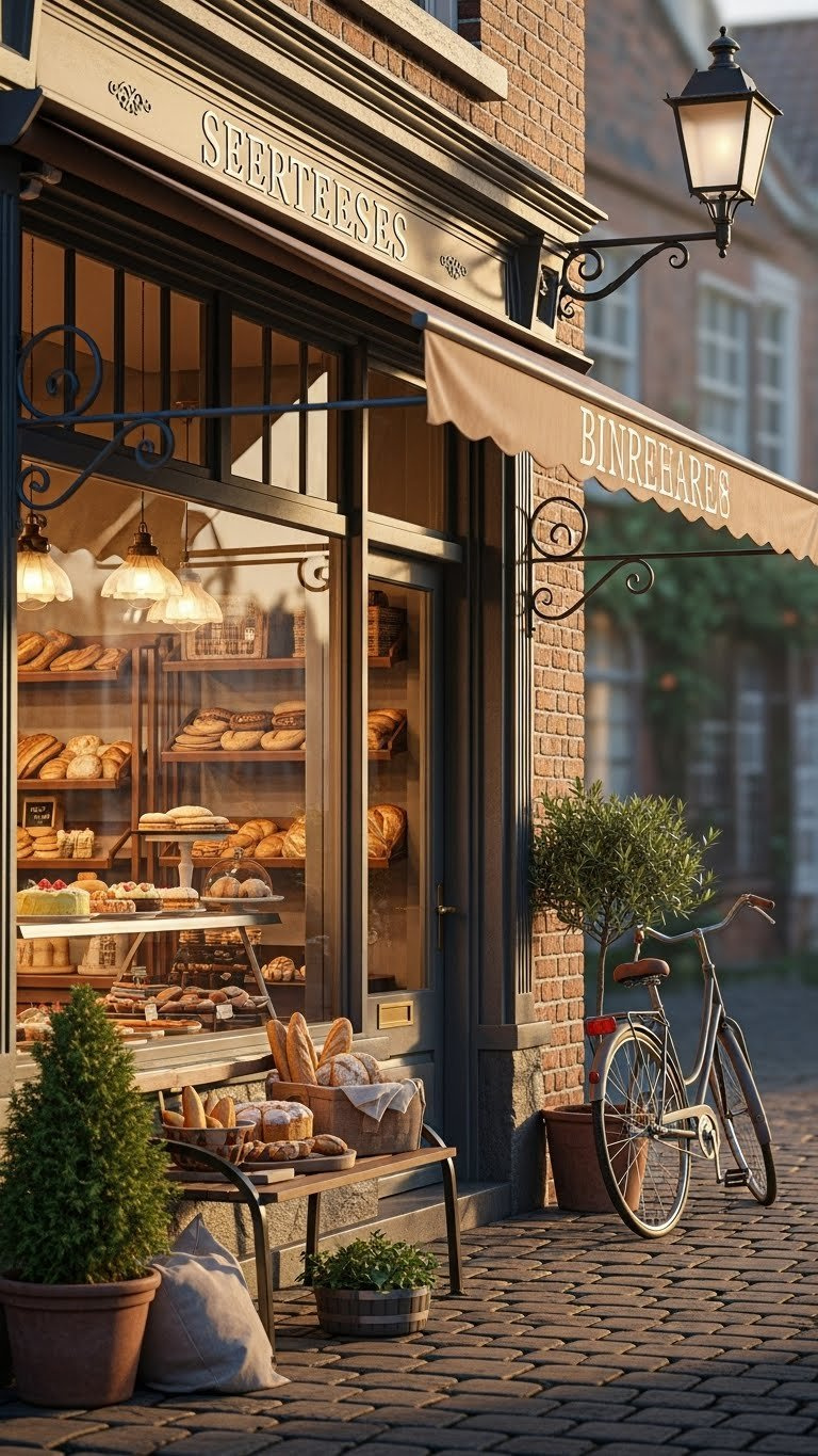 Charming Vintage Bakery Shopfront With Display Window Showcasing Pastries And Cakes On Cobblestone Street