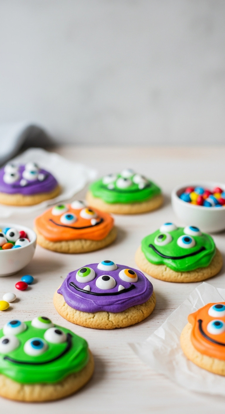 Cheerful 5-Ingredient Monster Cookies: Vibrant Frosted Green, Purple, Orange, Candy Eyeballs On Light Wood. Easy Halloween Treat.