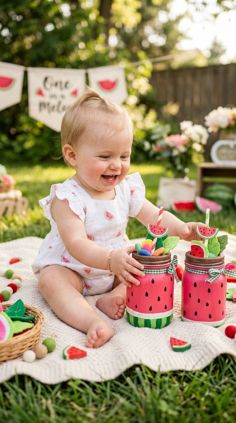 Cheerful Baby Interacting With Hand-Painted Watermelon Mason Jar Photo Props On A Soft Outdoor Blanket.