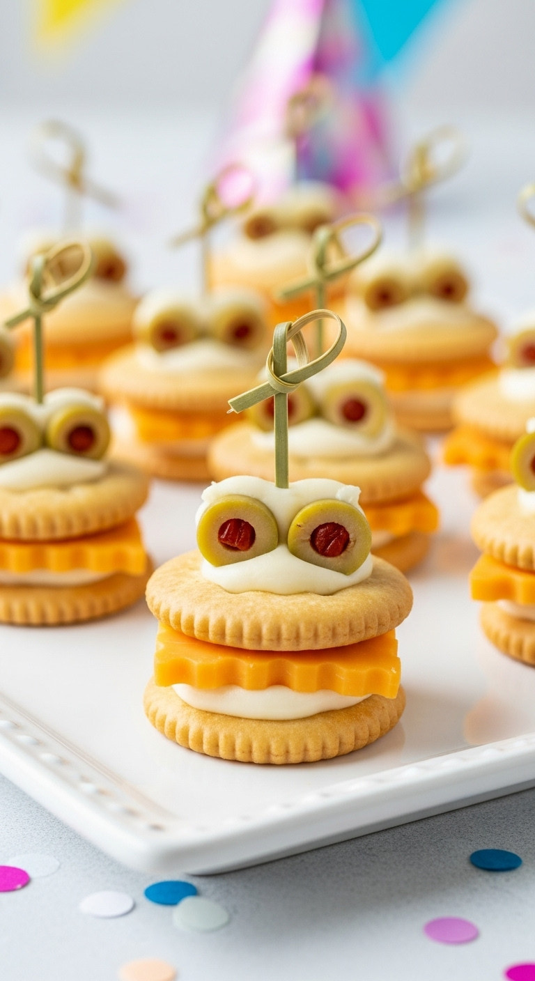 Cheerful Monster Cheese And Cracker Bite With Zig-Zag Cheese And Olive Eyes On A White Platter, Party Confetti.