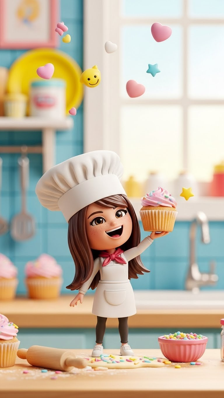 Cheerful Personalized Avatar Wearing Chef Hat Holding Up Glistening Cupcake In Brightly Stylized Kitchen