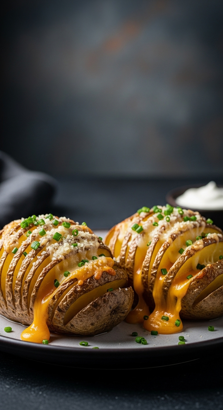 Cheesy Hasselback Potatoes With Melted Cheddar And Parmesan Cheese Garnished With Green Chives