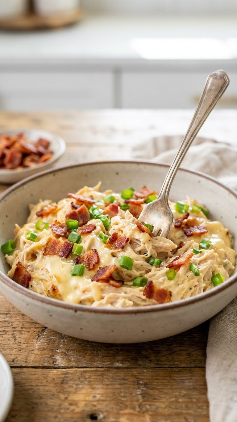 Cheesy Instant Pot Crack Chicken, Featuring Shredded Chicken, Cream Cheese, Crispy Bacon, And Green Onions In A Rustic Bowl.