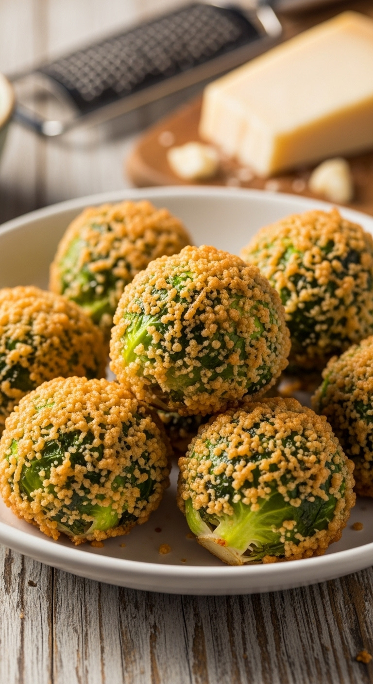 Cheesy Parmesan Crusted Air Fryer Brussels Sprouts In A White Dish With A Wedge Of Parmesan And Grater In Background