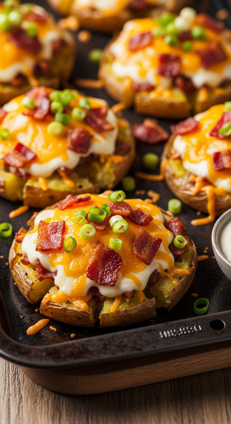 Cheesy Bacon Ranch Smashed Potatoes With Melted Cheddar Bacon Crumbles And Green Onions On A Baking Sheet