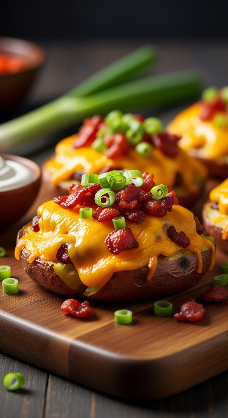 Cheesy Bacon Smashed Red Potatoes With Melted Cheddar Bacon Bits And Green Onions On A Wooden Board