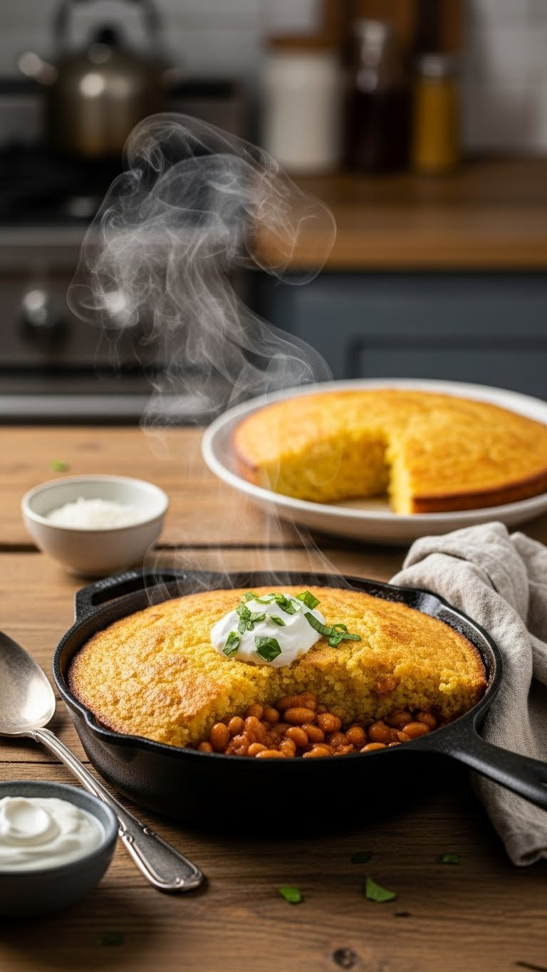Cheesy Baked Bean Cornbread Skillet With Golden Crust Bubbling Over Rich Bean Mixture And Steam