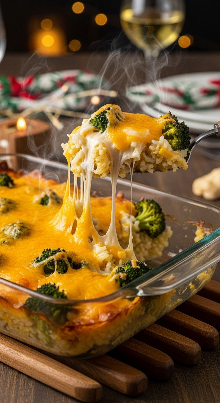 Cheesy Broccoli And Rice Casserole In Glass Dish, Scoop Revealing Gooey Interior, On Wooden Trivet, Warm Light.