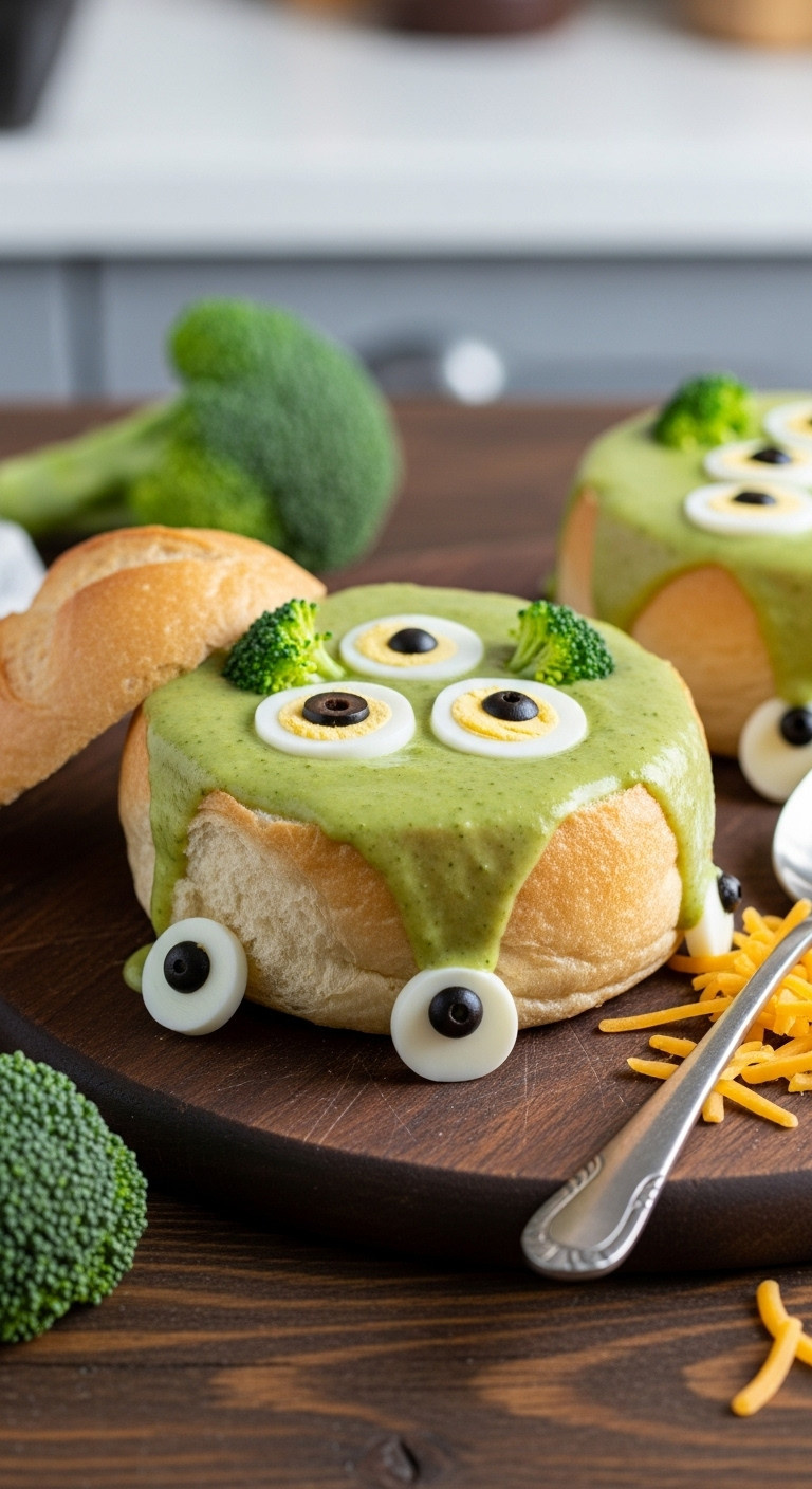 Cheesy Broccoli Cheddar Soup In Bread Bowl With Egg Monster Eyes, Olive Pupils, Florets On Wooden Board. Spooky Halloween.