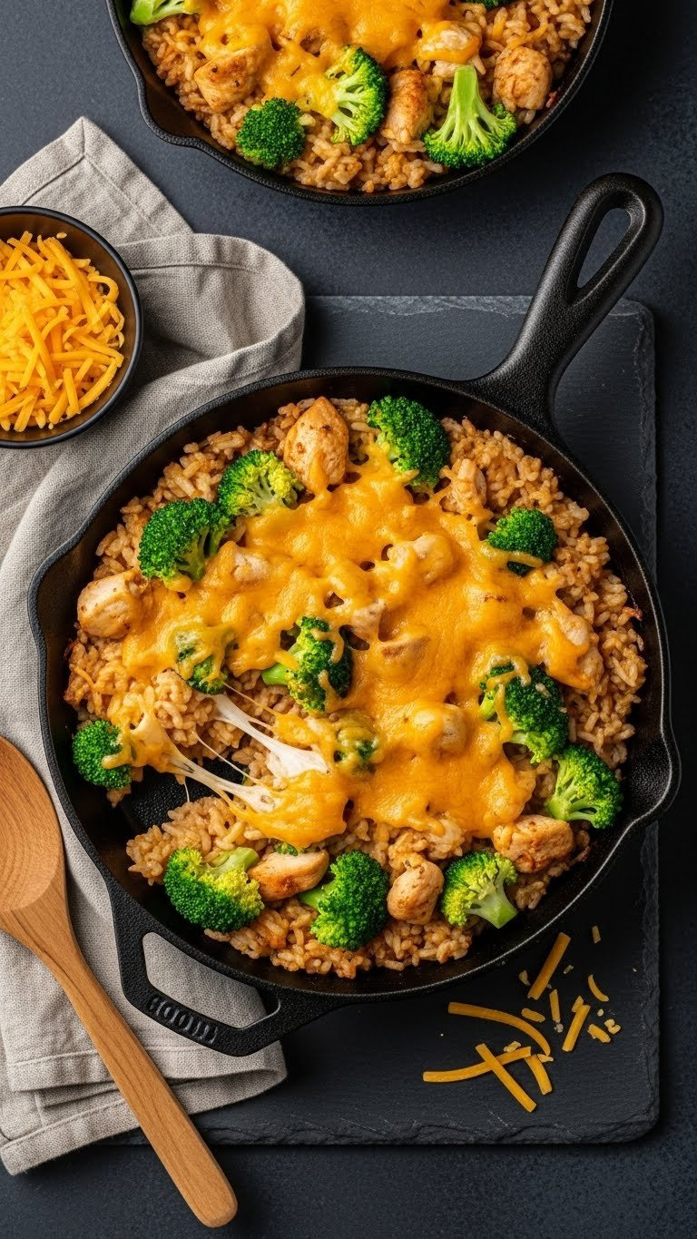 Cheesy Broccoli Chicken And Rice Casserole In Cast Iron Skillet With Melted Cheddar Cheese Pull Effect