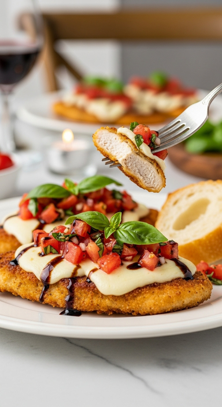 Cheesy Bruschetta Chicken Cutlets Topped With Melted Mozzarella Diced Tomatoes Basil And Balsamic Glaze