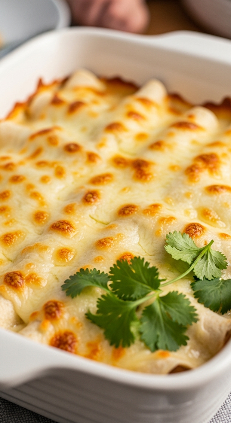 Cheesy Chicken Enchiladas With White Sauce And Cilantro Garnish