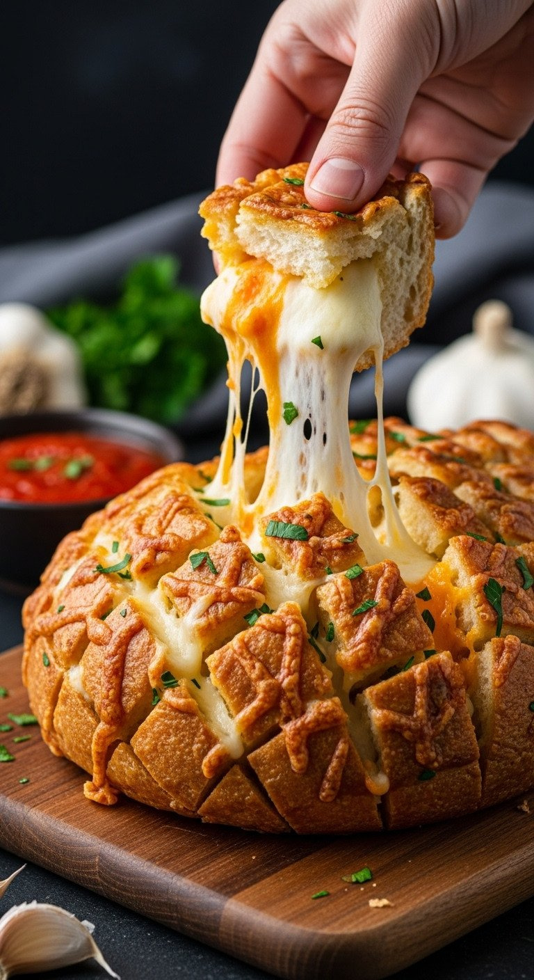 Cheesy Garlic Pull-Apart Bread With Melted Cheese. Hand Pulling Piece, Showing Epic Cheese Pull. Served With Marinara.