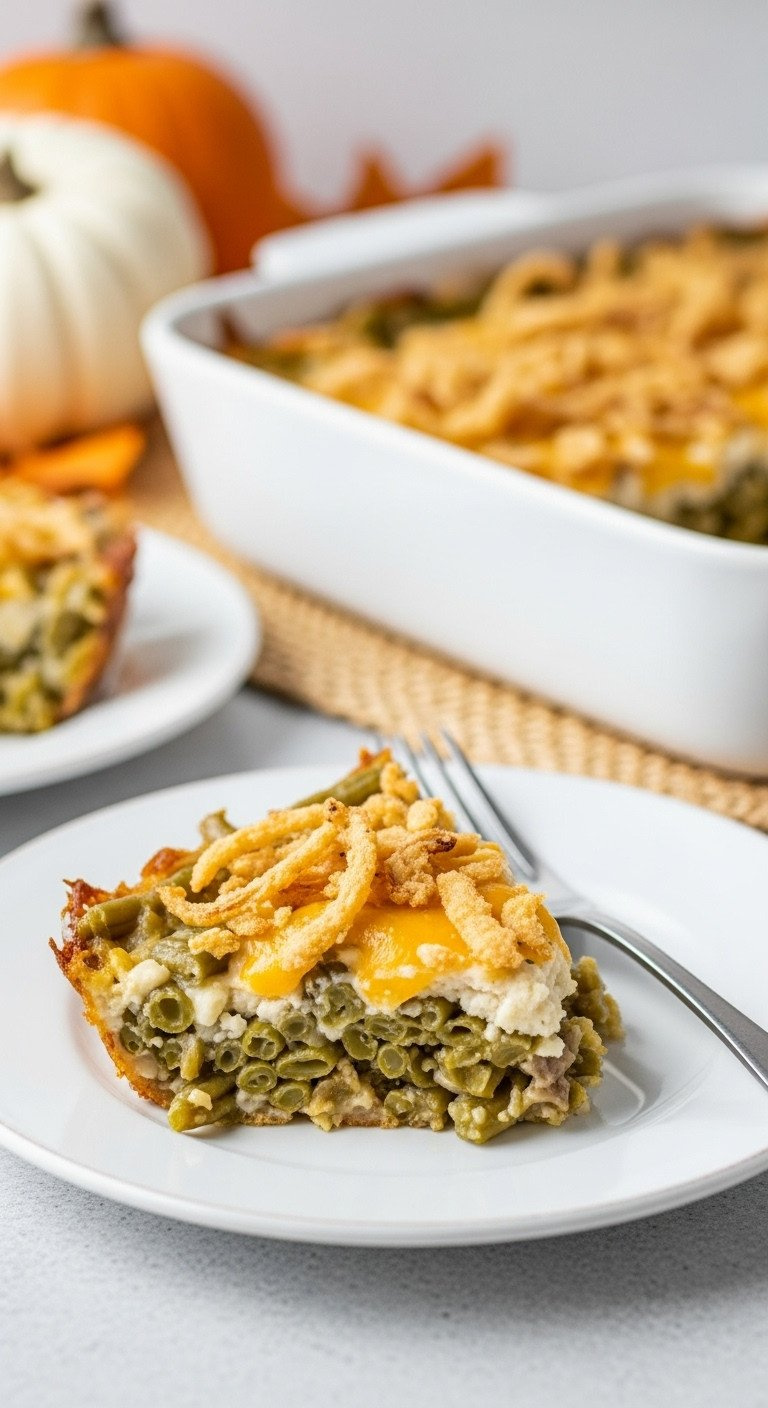 Cheesy Green Bean Casserole Topped With Crispy Fried Onions, Served On A Plate, A Comforting Thanksgiving Side Dish.