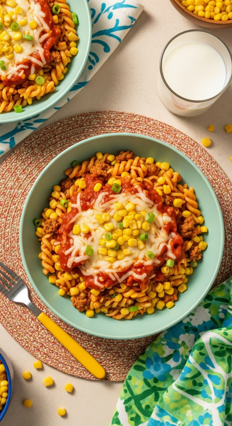 Cheesy Ground Beef And Corn Pasta In A Bowl With Green Onion And Marinara Sauce On A Colorful Patterned Placemat