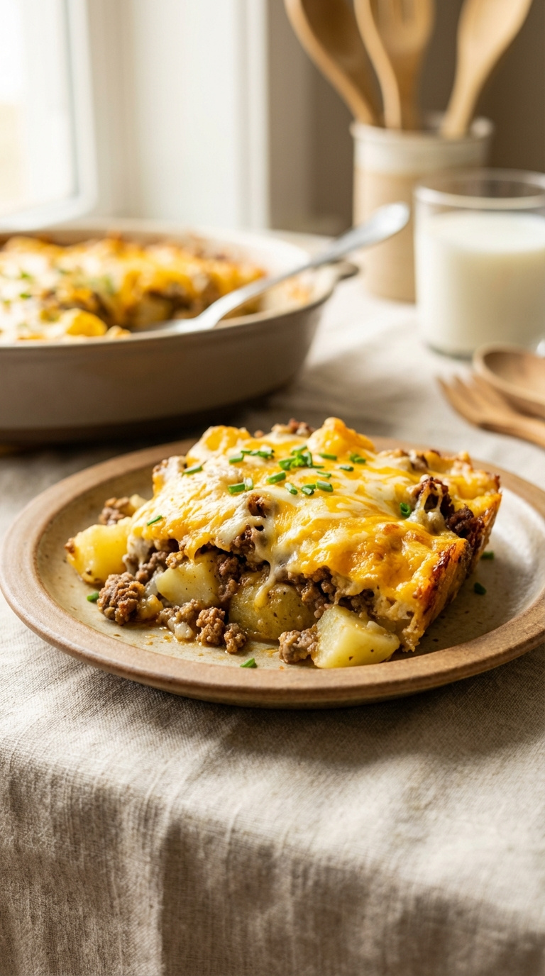 Cheesy Ground Beef And Potato Casserole With Golden Melted Cheese Topping On Rustic Ceramic Plate.