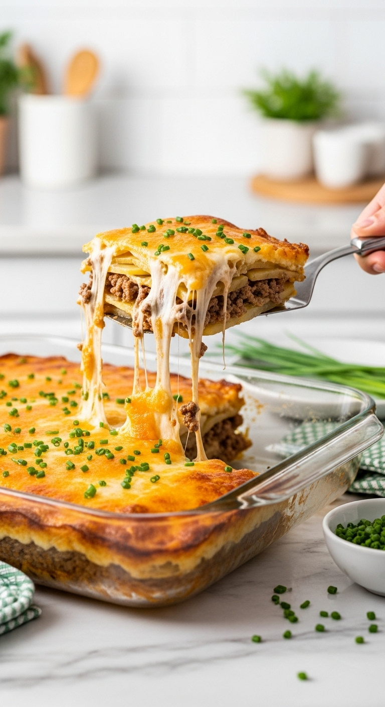 Cheesy Ground Beef And Potato Casserole With Layers Of Potatoes Beef And Creamy Sauce In Glass Baking Dish With Cheese Pull And Chives