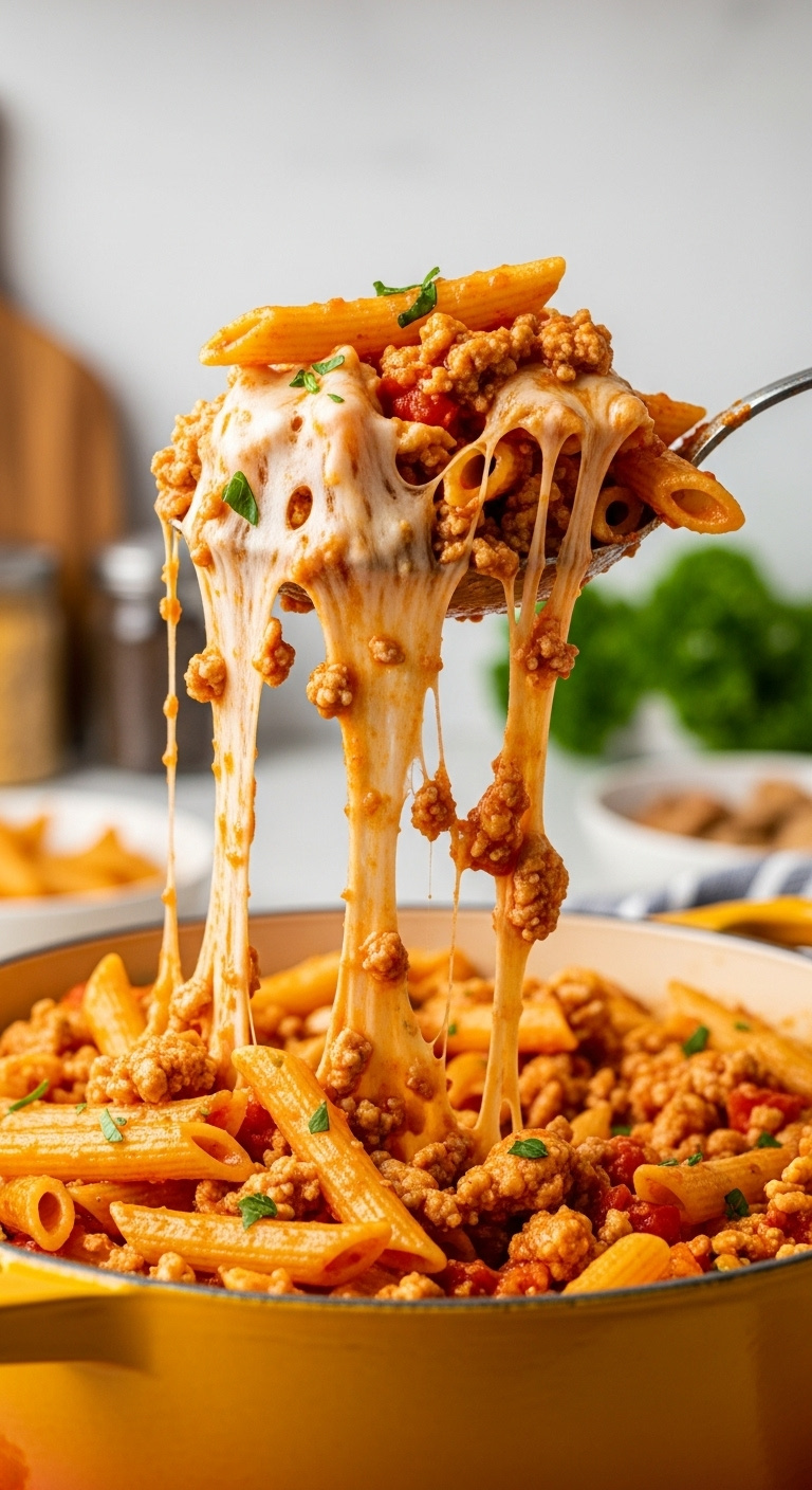 Cheesy Ground Turkey Penne Pasta With A Gooey Cheese Pull Being Scooped From A Colorful Dutch Oven With Parsley