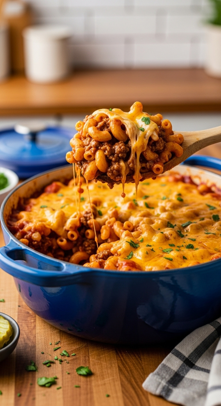 Cheesy Hamburger And Macaroni Casserole In Blue Enamel Dutch Oven With A Wooden Spoon Scooping Rich Tomato Based Sauce And Ground Beef