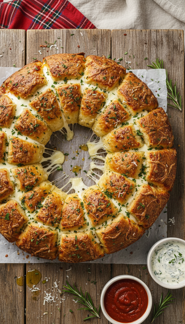 Cheesy Herb Pull-Apart Bread Wreath With Melted Mozzarella, Cheddar, And Green Herbs On Rustic Table. Festive Christmas Appetizer.