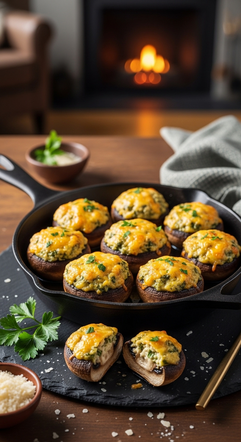 Cheesy Herb Stuffed Mushrooms In A Cast Iron Skillet On A Dark Slate Platter With Parmesan And Parsley