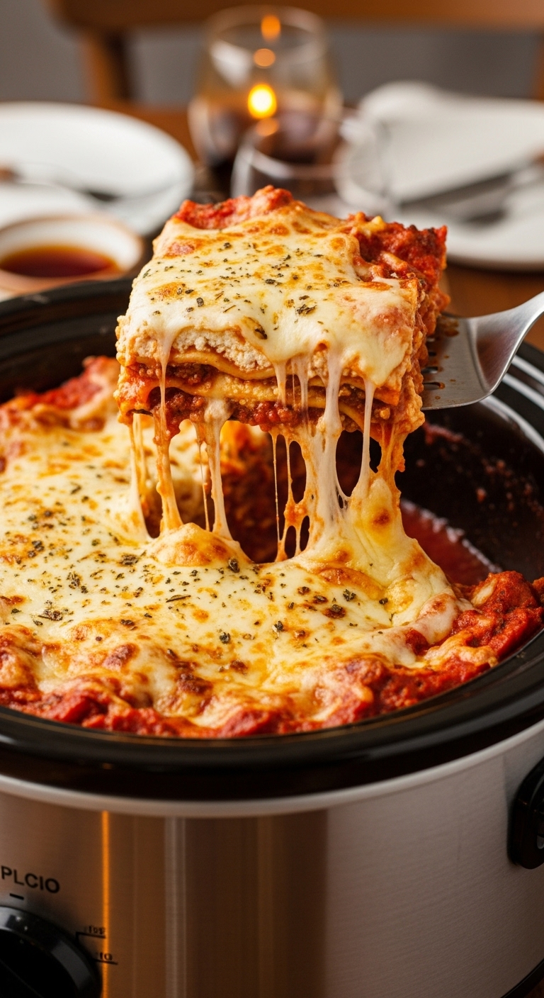 Cheesy Lasagna Slice Being Lifted From Slow Cooker With Golden Bubbly Cheese And Layers Visible