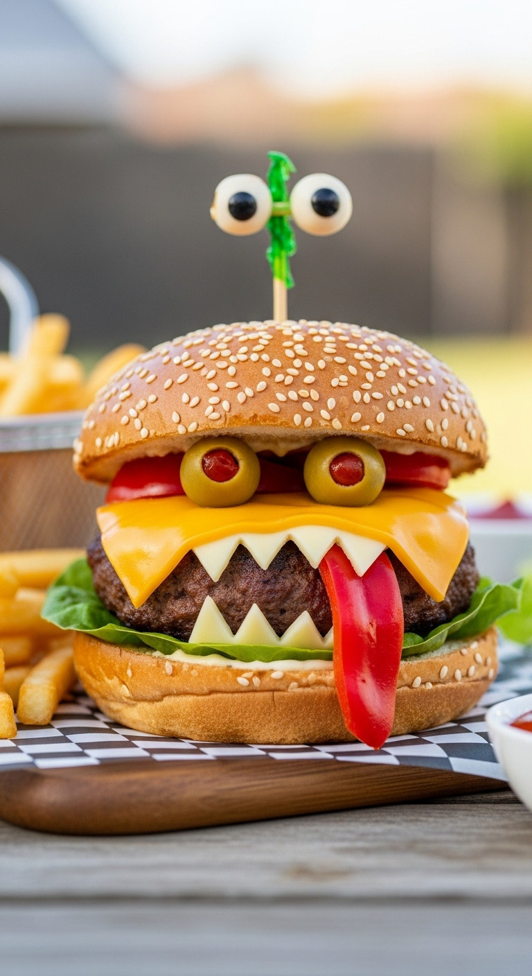 Cheesy Monster Burger With Cheddar Cheese Olive Eyes And Red Pepper Tongue On A Sesame Seed Bun