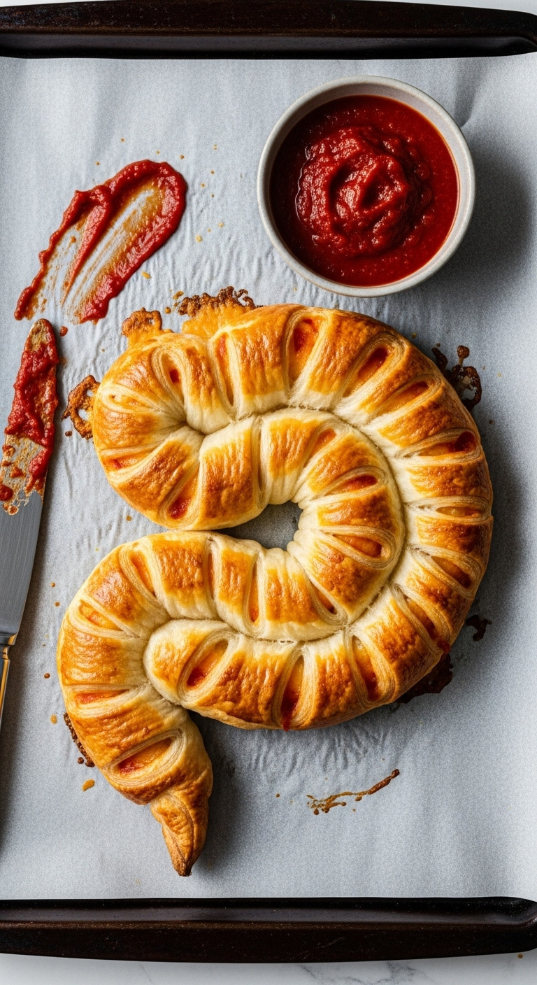 Cheesy Puff Pastry Intestines Coiled On A Baking Sheet With A Bowl Of Marinara Sauce And A Smeared Knife