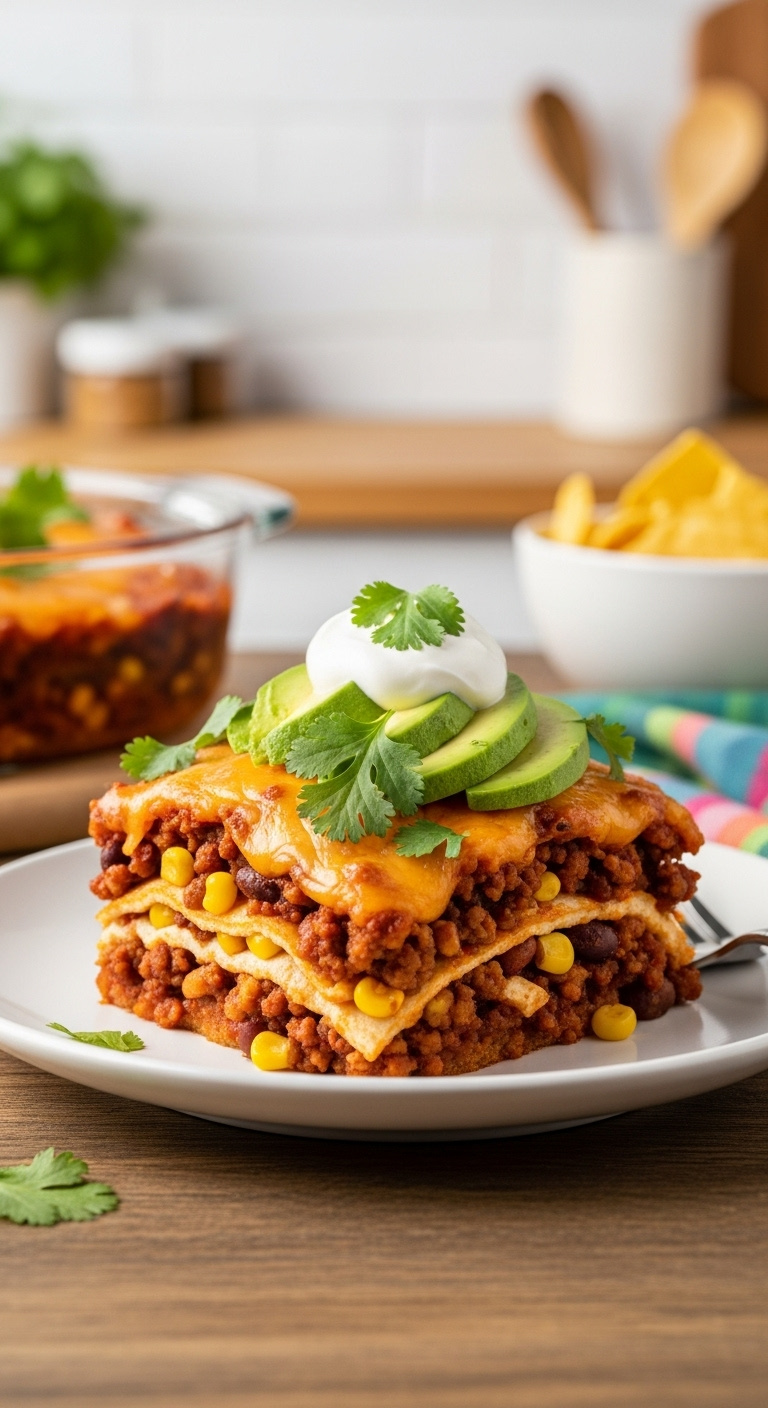 Cheesy Slow Cooker Taco Casserole With Ground Beef Corn Beans Melted Cheese Cilantro Sour Cream And Avocado On A White Plate With Tortilla Chips