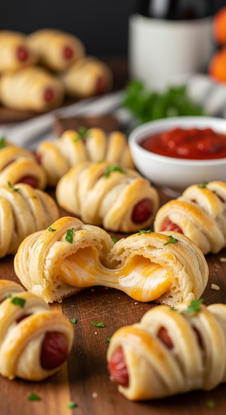 Cheesy Stuffed Mummy Smokies Cut Open To Reveal Gooey Melted Cheese On A Wooden Cutting Board With Marinara Sauce And Fresh Parsley