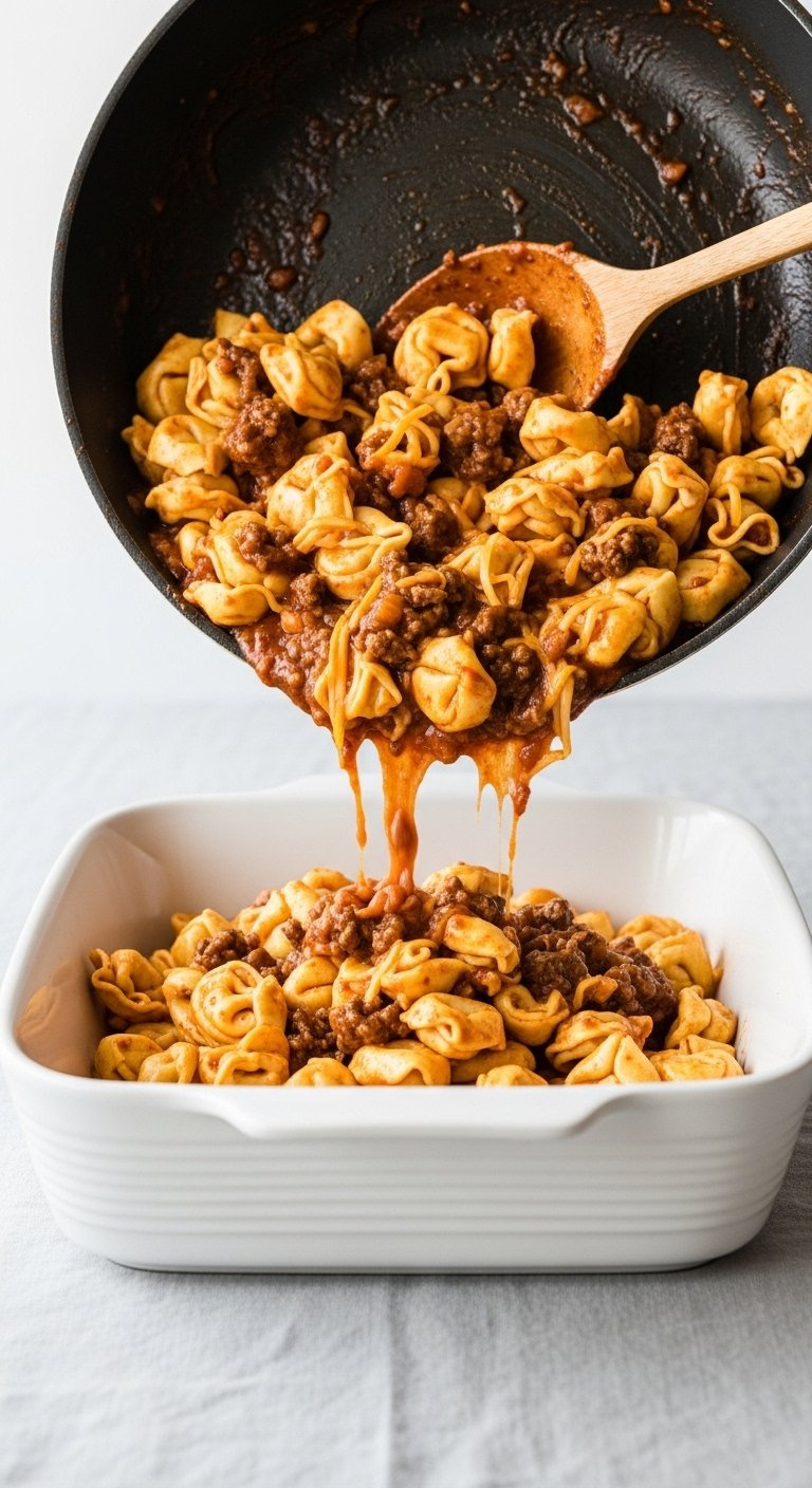 Cheesy Tortellini And Beef Mixture Being Poured From A Skillet Into A White Ceramic Baking Dish.