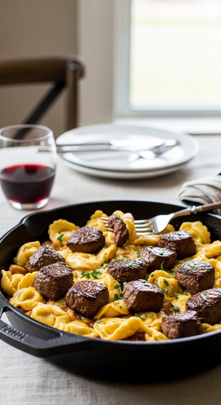 Cheesy Tortellini And Seared Steak Bites In A Glistening Herb Sauce Served In A Cast Iron Skillet.