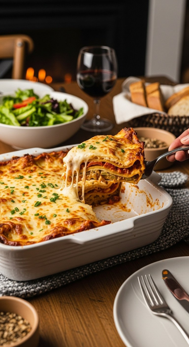 Cheesy Vegetable Lasagna Slice Lifted From Baking Dish, Showing Layers Of Pasta, Cheese, Veggies, On Wooden Table With Salad, Red Wine, Bread; Cozy Comfort Food.