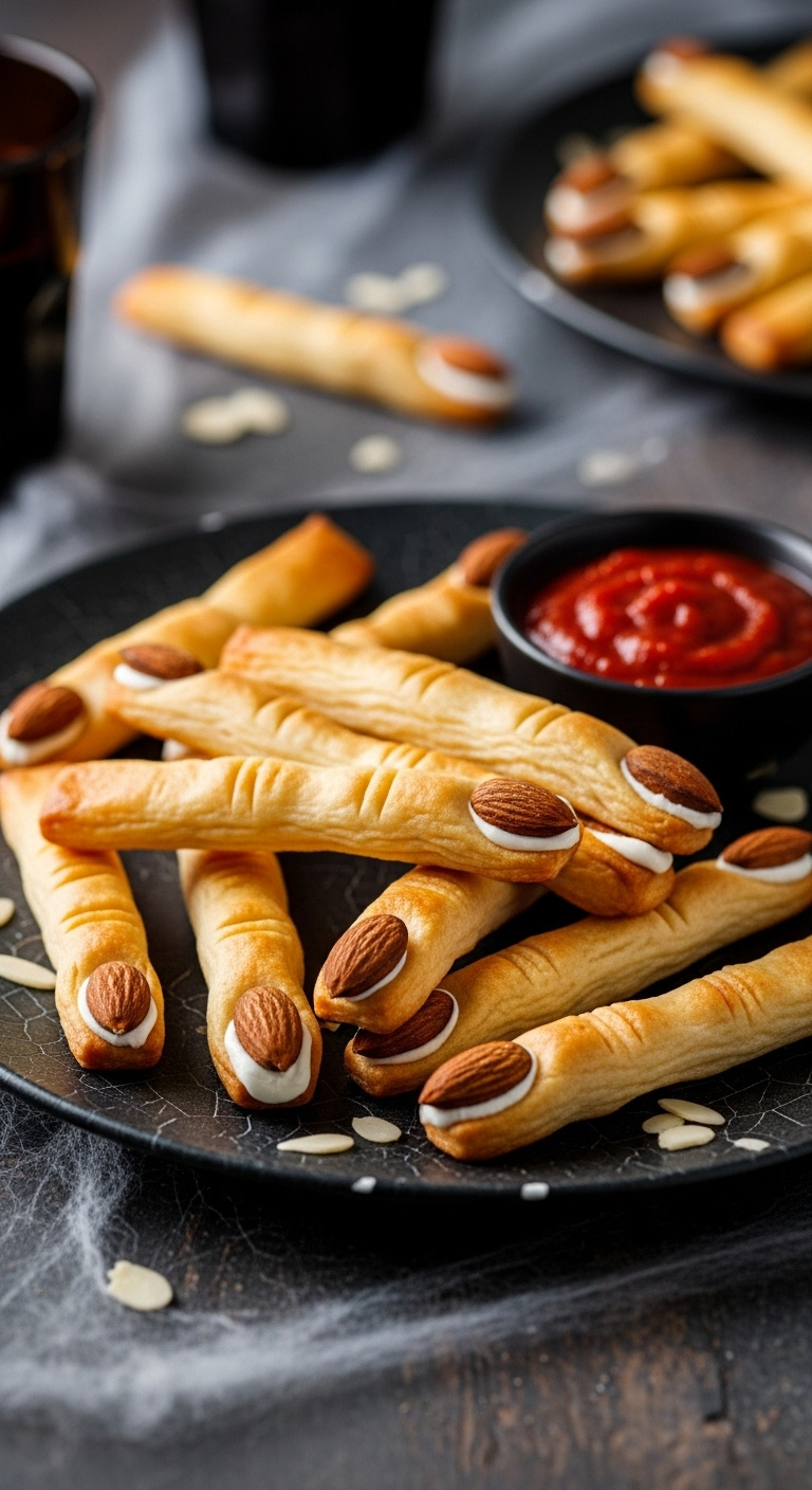 Cheesy Witch Fingers With Almond Fingernails On A Black Plate With Marinara Sauce And Cobwebs