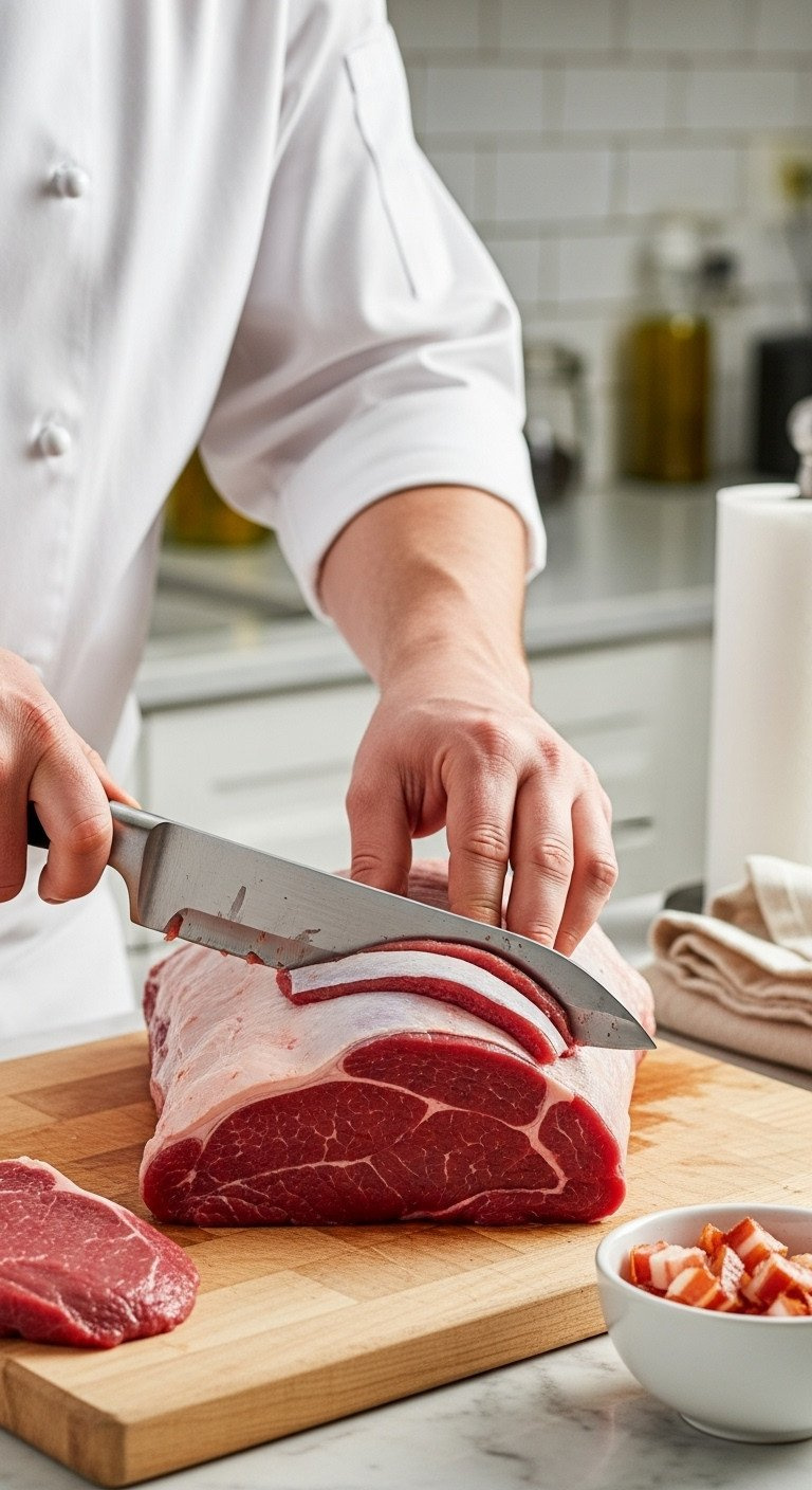 Chef Expertly Trimming Silver Skin From Raw Venison Loin With A Boning Knife On A Wooden Cutting Board.