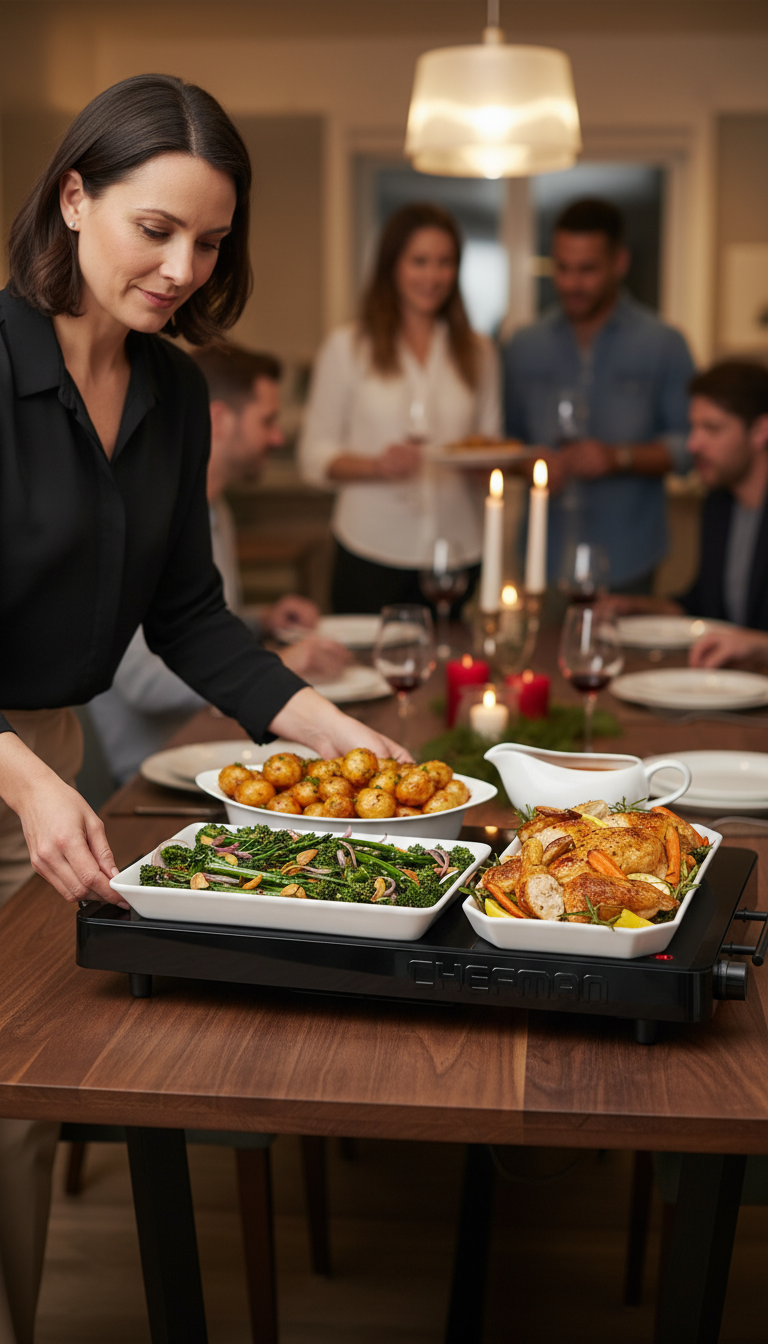 A Photo Of The Chefman Electric Warming Tray In Use On A Buffet Table, With An Infrared Thermometer Pointed At The Surface To Document The Testing Process.