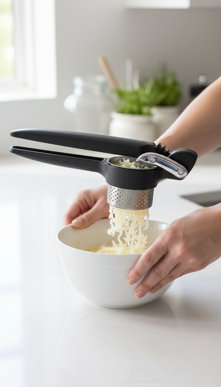 A Testing Setup Showing The Chef'n Freshforce Ricer Next To A Bowl Of Cooked Potatoes, A Traditional Masher, And A Notepad For Logging Results.