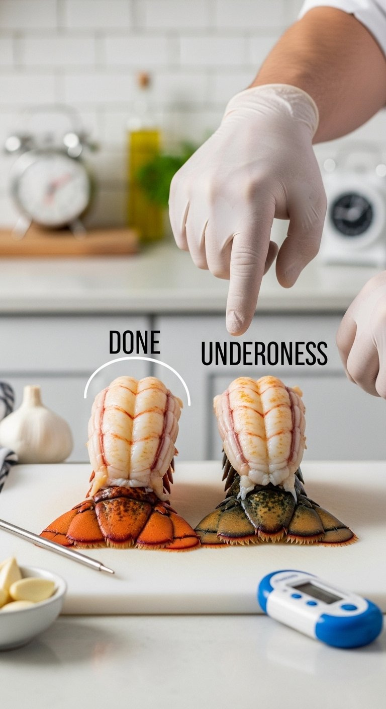 Chefs Hands Comparing A Done Opaque White Lobster Tail Next To An Undercooked Tail On A Cutting Board.