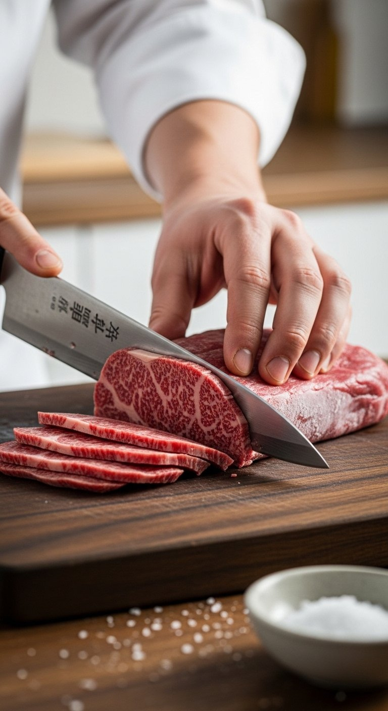 Chef's Hands Expertly Slicing Marbled Sirloin Steak Into Thin Pieces With A Sharp Japanese Knife On A Wooden Board.