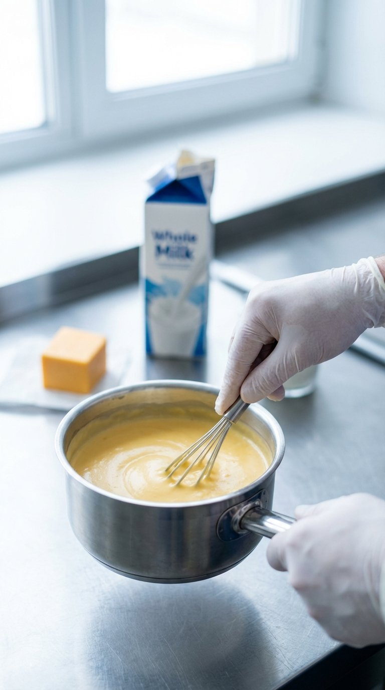 Chef's Hands Stirring Velvety Smooth Cheese Sauce In Stainless Steel Saucepan Demonstrating Creamy Texture