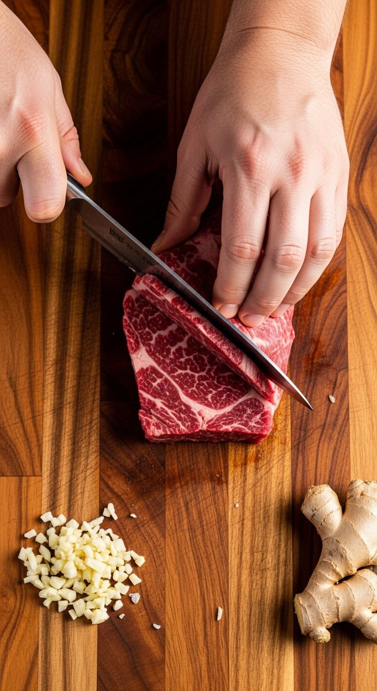 Chef's Hands Thinly Slicing Raw Flank Steak Against The Grain On A Wooden Cutting Board With Fresh Garlic And Ginger.