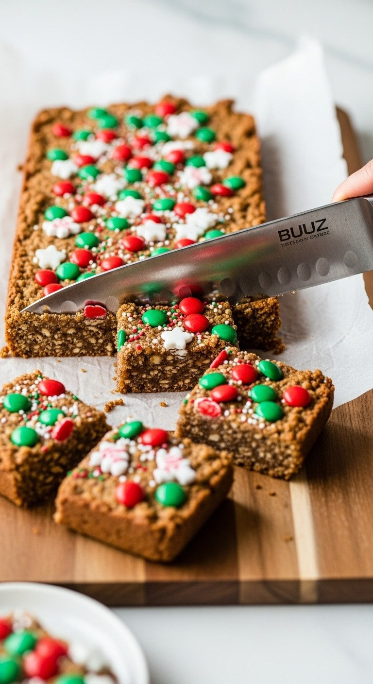 Chef's Knife Cutting Chilled No-Bake Christmas Cookie Bars On A Wooden Cutting Board, Revealing Oaty Interior. Squares Arranged Nearby.