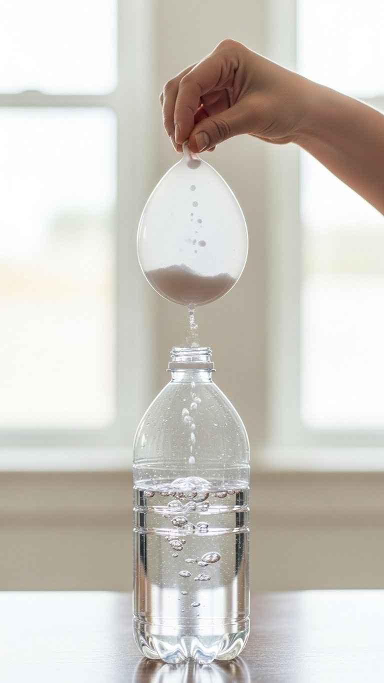 Chemical Reaction Moment As Baking Soda Drops Into Vinegar Causing Balloon Inflation With Initial Bubbling