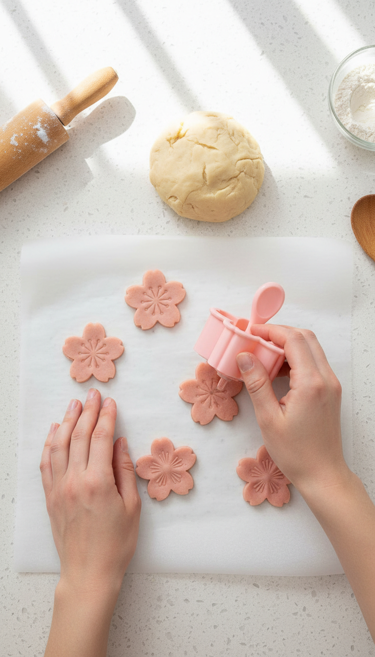 A Photo Showing The Cherry Blossom Cookie Press, Three Different Types Of Cookie Dough In Bowls, And The Resulting Baked Cherry Blossom Cookies On A Baking Sheet.