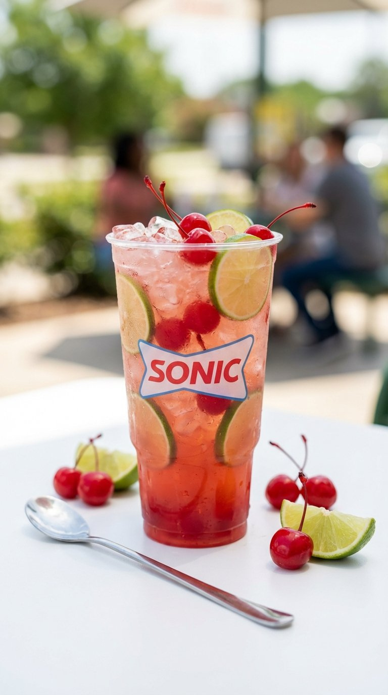 Cherry Bomb Diet Limeade Sonic Beverage Overflowing With Maraschino Cherries And Lime Slices