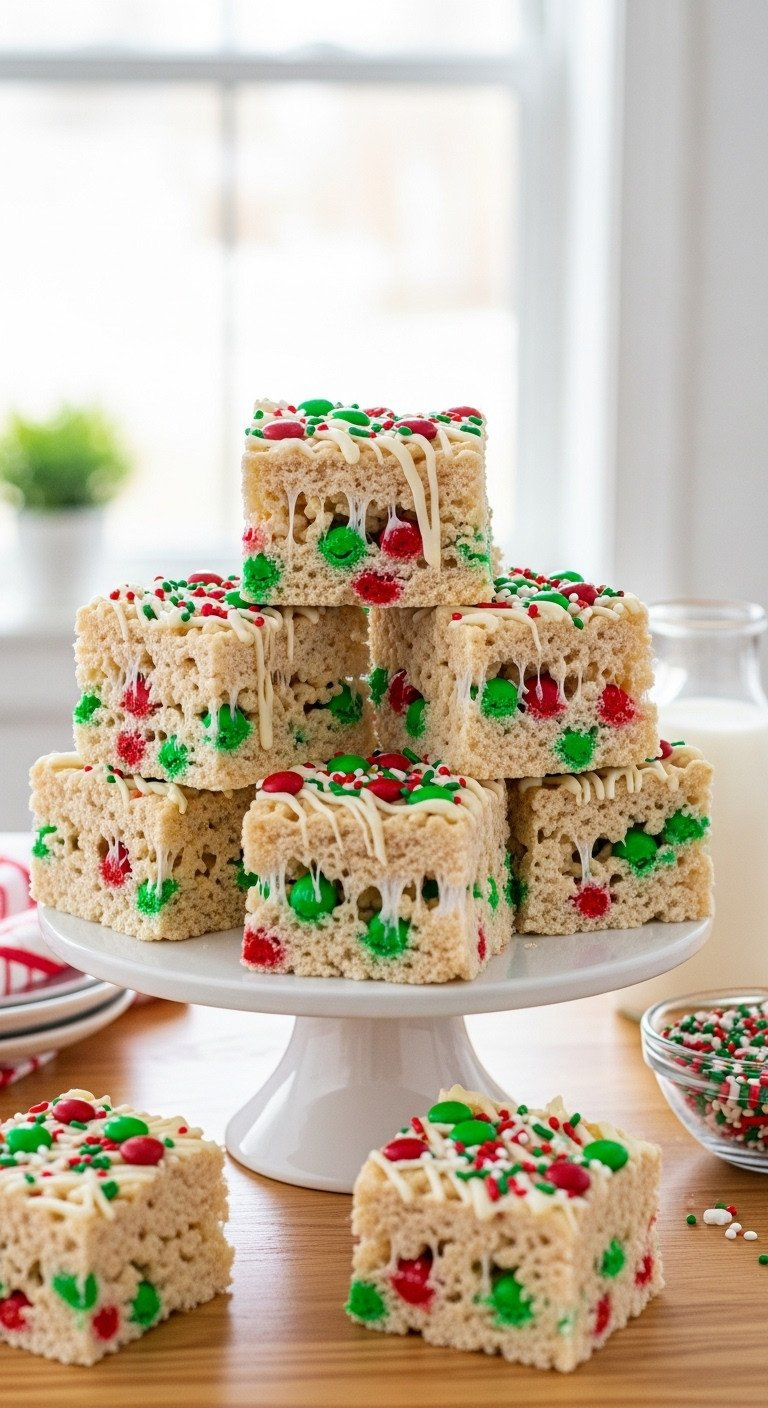 Chewy Christmas Rice Krispie Treats With Red And Green M&Amp;M's, White Chocolate Drizzle, And Sprinkles, Festive Dessert.