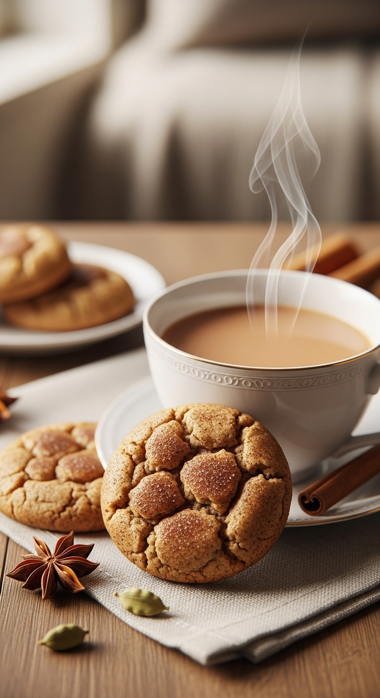Chewy Chai Spiced Snickerdoodle Cookie With A Steaming Teacup Of Chai Tea And Spices On A Linen Placemat Cozy Morning Light