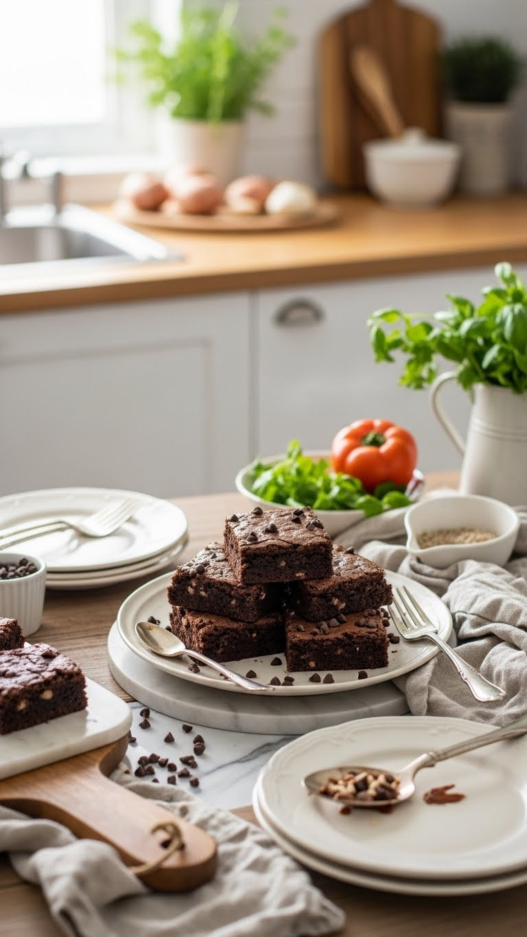 Chewy Chocolate Chip Brownies On Rustic Wooden Table