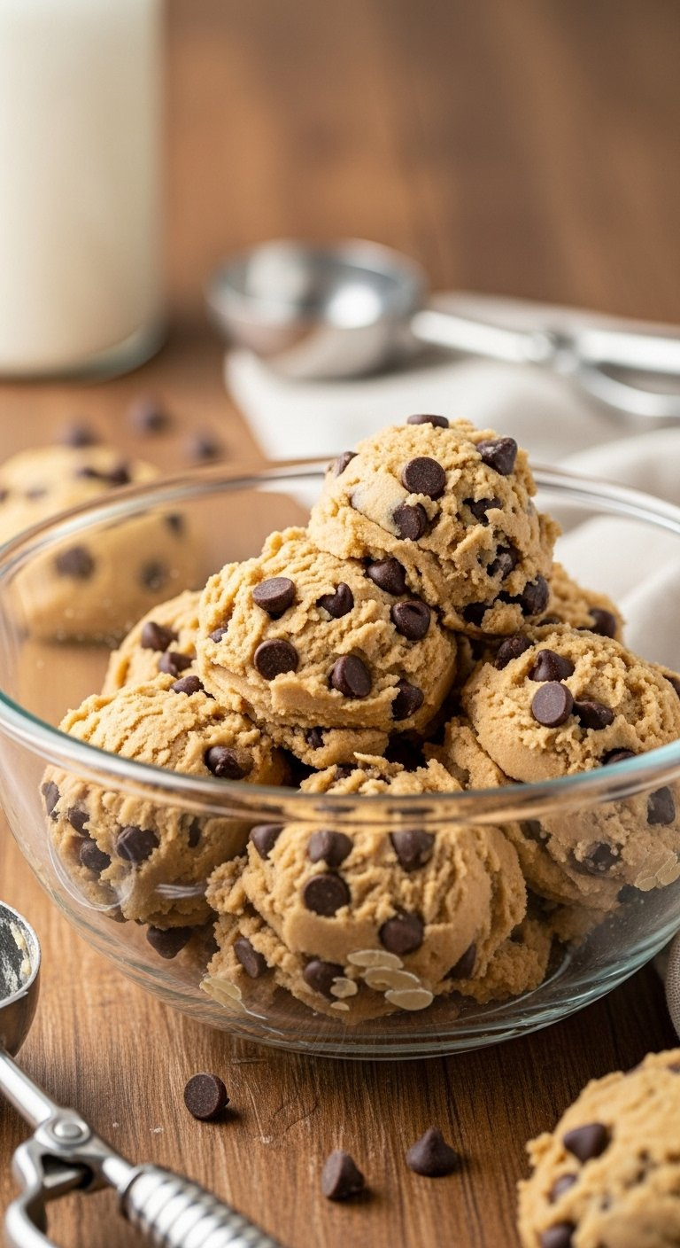 Chewy Chocolate Chip Cookie Dough Studded With Semi-Sweet Chips In A Glass Mixing Bowl.